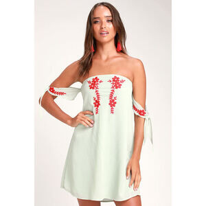 Lulus Crysta Light Sage Embroidered Off-the-shoulder Mini Dress Green - Size XS